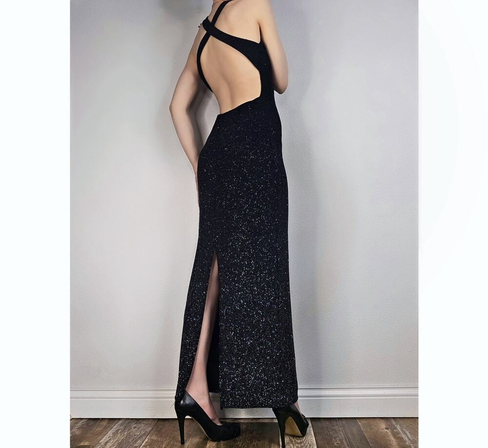 Vintage Black Glitter Open Back Maxi Dress Y2K 90s Evening Formal Bodycon Gown